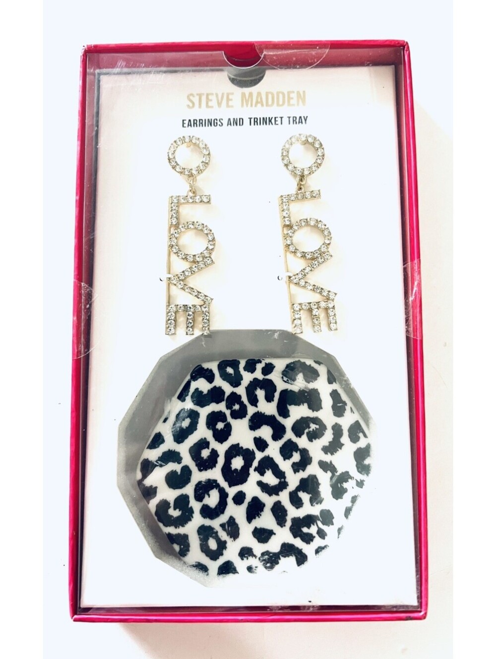 Steve Madden Crystal LOVE Drop Earrings Leopard Trinket Tray Gift Set NIB